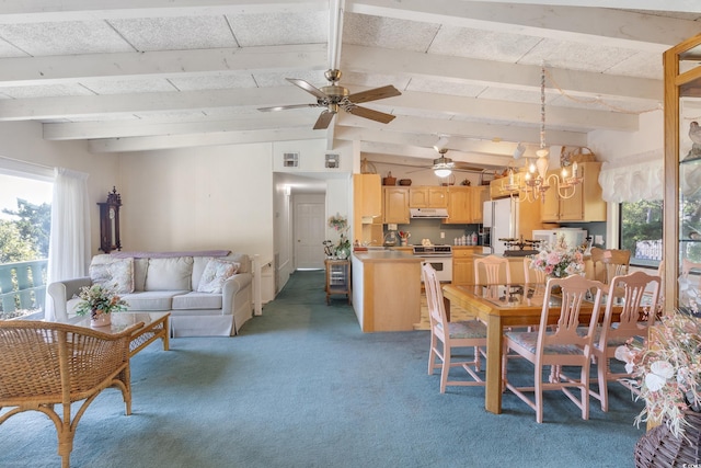 dining area with vaulted ceiling with beams and ceiling fan with notable chandelier