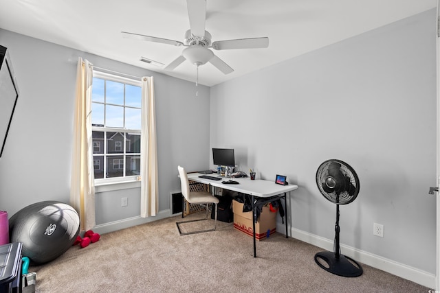 office featuring light colored carpet and ceiling fan