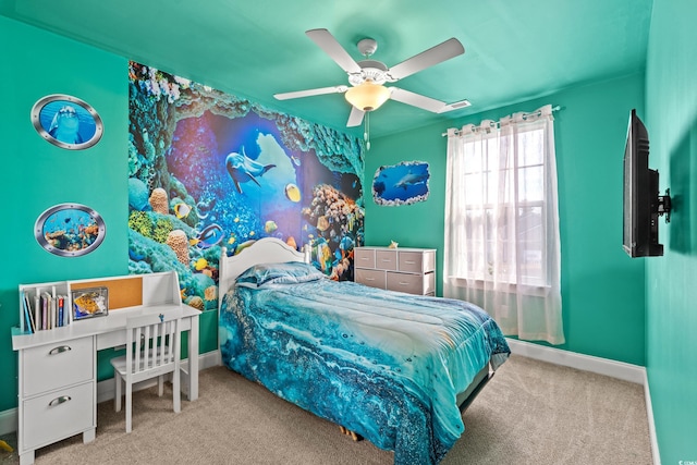 carpeted bedroom with ceiling fan