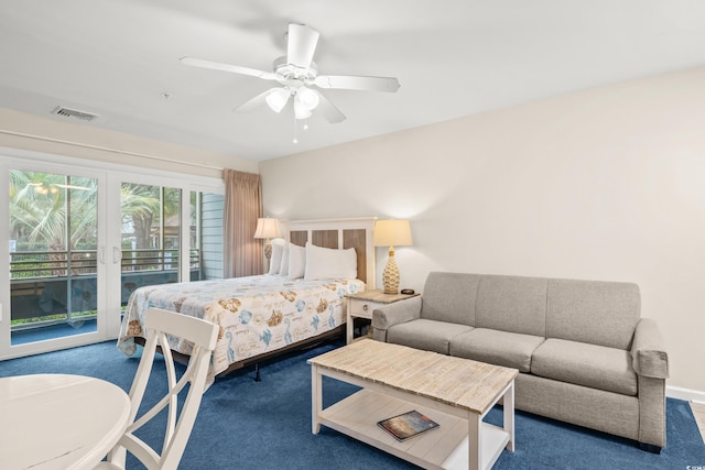 bedroom featuring access to outside, ceiling fan, and carpet floors