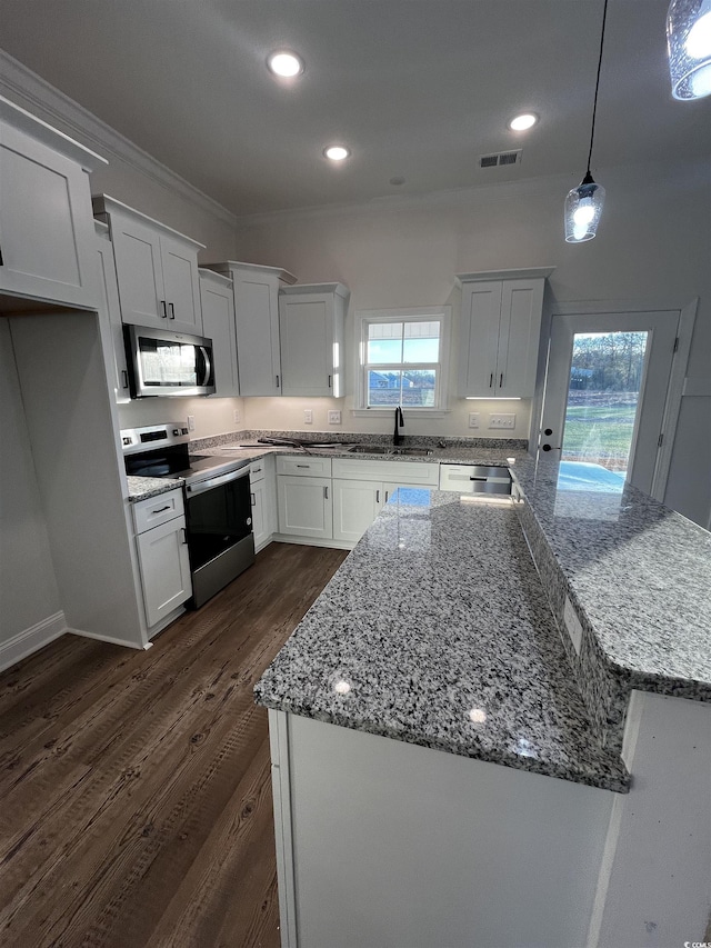 kitchen with white cabinets, light stone counters, appliances with stainless steel finishes, decorative light fixtures, and dark hardwood / wood-style flooring