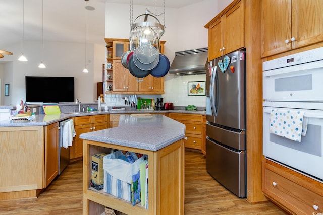 kitchen featuring ventilation hood, stainless steel appliances, tasteful backsplash, and light hardwood / wood-style flooring