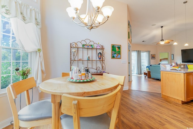 dining room featuring ceiling fan with notable chandelier and light hardwood / wood-style flooring