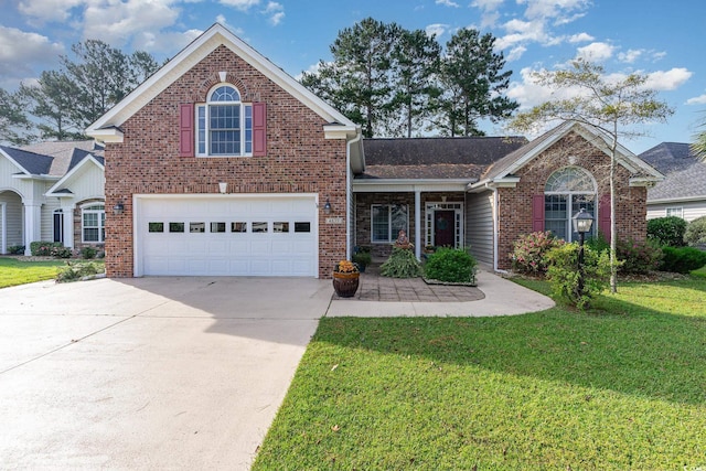 4839 Seabreeze Ln, Myrtle Beach, SC 29579 - traditional-style house with an attached garage, concrete driveway, a front yard, and brick siding