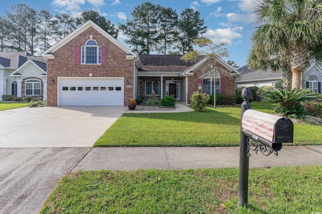 4839 Seabreeze Ln, Myrtle Beach, SC 29579 - traditional home featuring brick siding, a front lawn, a garage, and concrete driveway