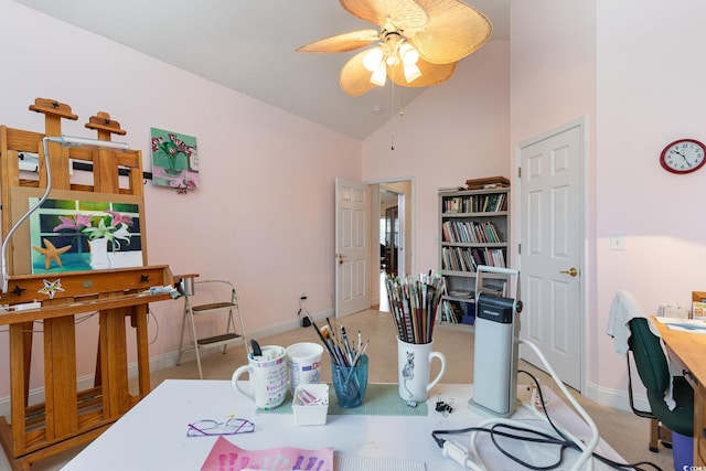 dining area featuring high vaulted ceiling and ceiling fan