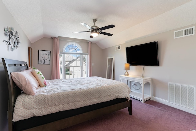 4839 Seabreeze Ln, Myrtle Beach, SC 29579 - carpeted bedroom featuring a textured ceiling, lofted ceiling, and visible vents