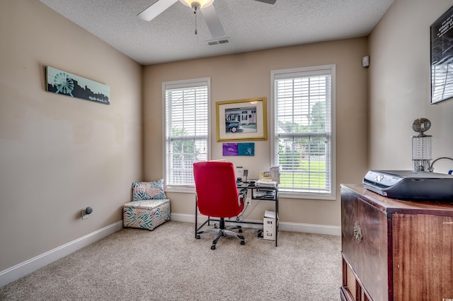 home office featuring a wealth of natural light, a textured ceiling, and ceiling fan