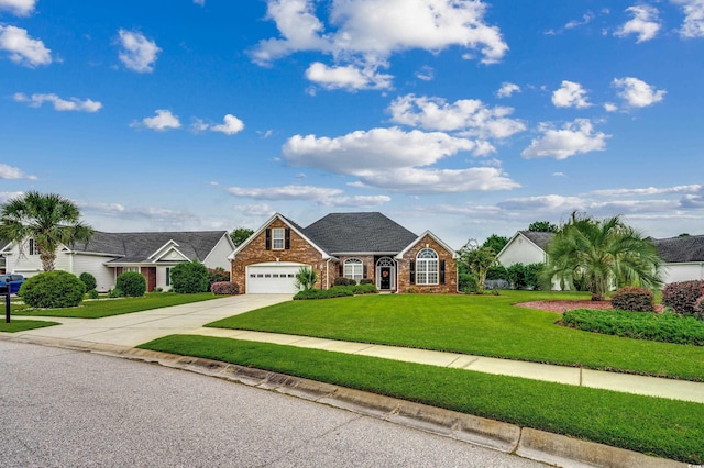 view of front of home with a garage and a front lawn