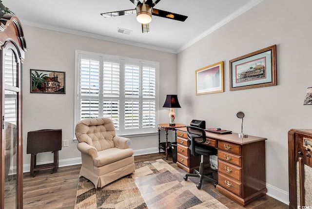 office space with ceiling fan, dark hardwood / wood-style floors, and crown molding