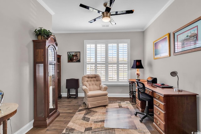 office space featuring crown molding, dark hardwood / wood-style flooring, and ceiling fan