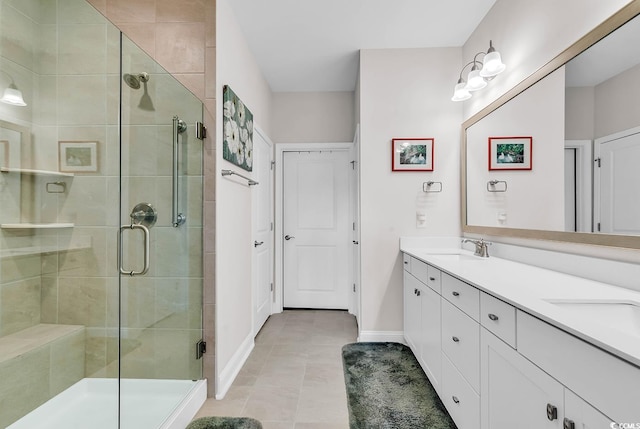 bathroom featuring tile patterned floors, a shower with shower door, and vanity