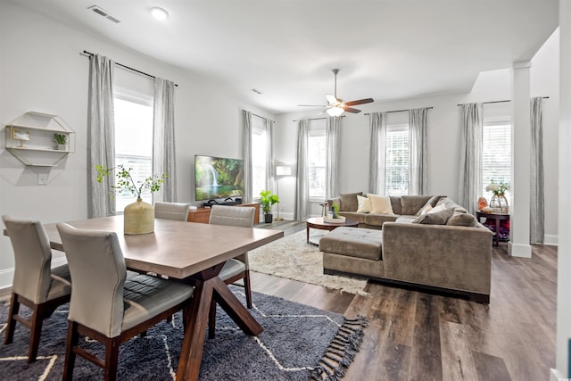 dining area featuring a wealth of natural light, hardwood / wood-style flooring, and ceiling fan