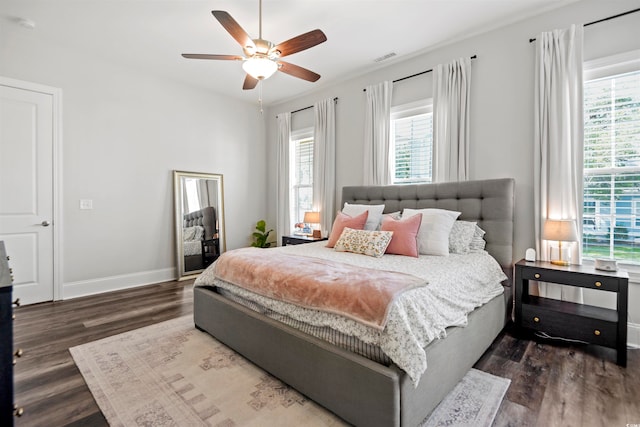 bedroom featuring dark hardwood / wood-style floors and multiple windows