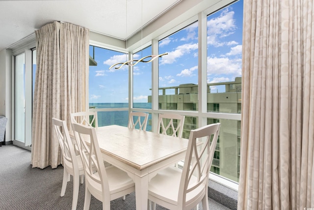 sunroom / solarium featuring a water view