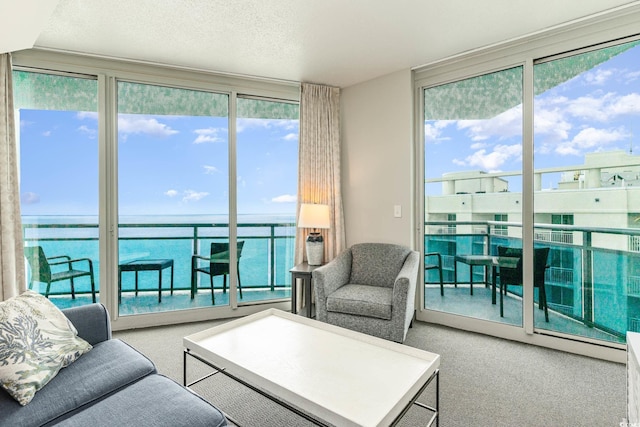 carpeted living room with a water view and a textured ceiling