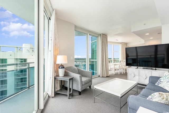 living room with floor to ceiling windows and carpet