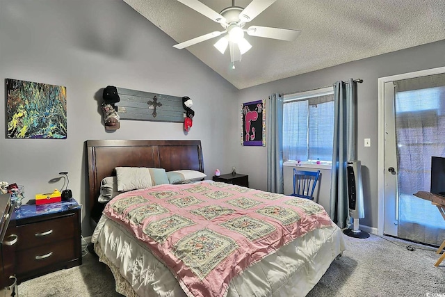 bedroom with a textured ceiling, access to exterior, vaulted ceiling, carpet, and ceiling fan