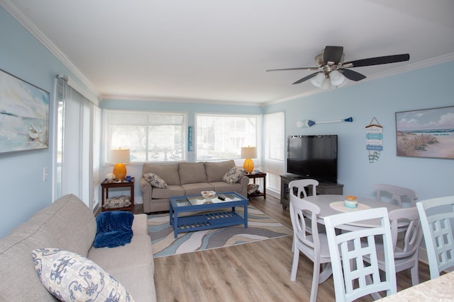 living room with ceiling fan, hardwood / wood-style flooring, and ornamental molding