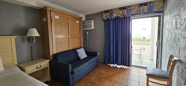 tiled living room with a textured ceiling and a wall mounted AC