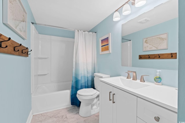 full bathroom with visible vents, vanity, toilet, marble finish floor, and shower / bathtub combination with curtain