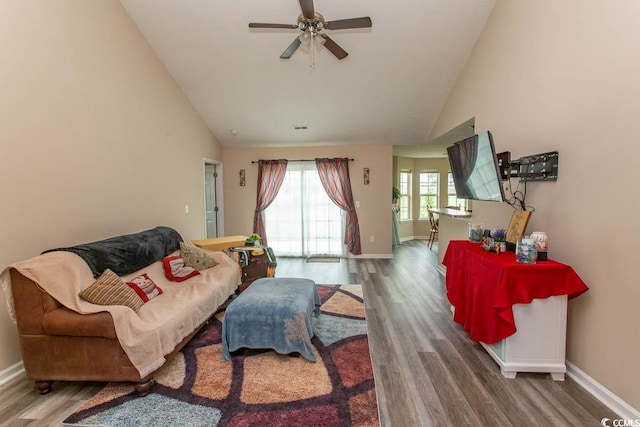 333 Carolina Springs Ct, Conway, SC 29527 - living room with high vaulted ceiling, ceiling fan, baseboards, and wood finished floors