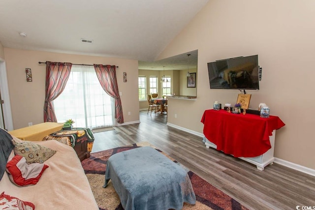 living room featuring wood-type flooring and high vaulted ceiling