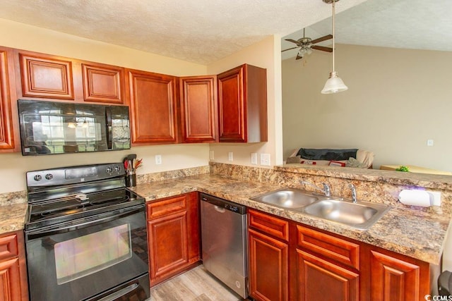 kitchen with a textured ceiling, light hardwood / wood-style floors, sink, vaulted ceiling, and black appliances