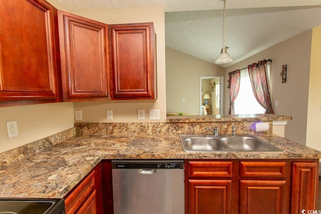 kitchen featuring light stone counters, sink, vaulted ceiling, appliances with stainless steel finishes, and decorative light fixtures