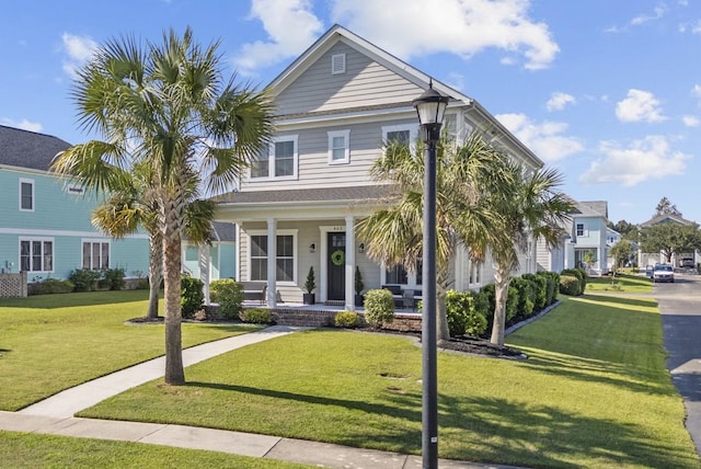 view of front of property with a front lawn and covered porch