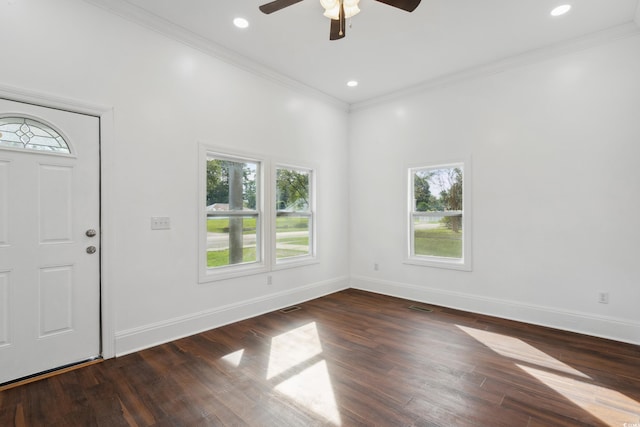 foyer with ornamental molding, dark hardwood / wood-style flooring, and plenty of natural light