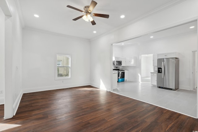 unfurnished living room featuring ceiling fan, light hardwood / wood-style flooring, and crown molding