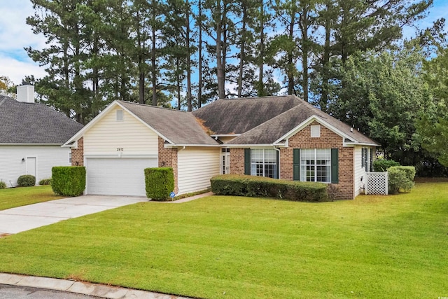 ranch-style house with a garage and a front yard