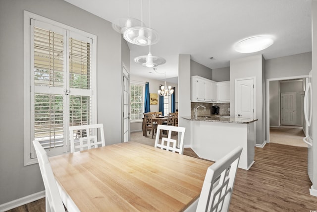 dining area with dark hardwood / wood-style floors and sink