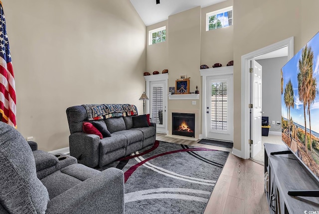 living room featuring hardwood / wood-style flooring and high vaulted ceiling