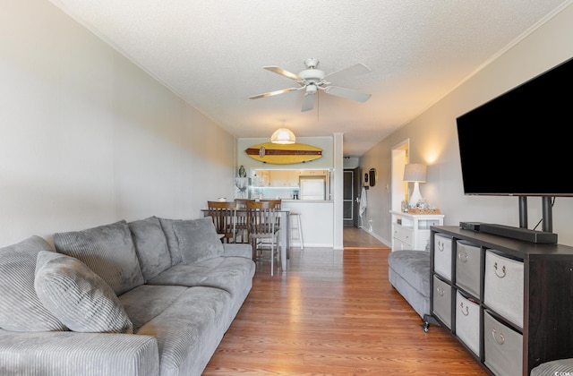 living room featuring ceiling fan, a textured ceiling, and light hardwood / wood-style floors