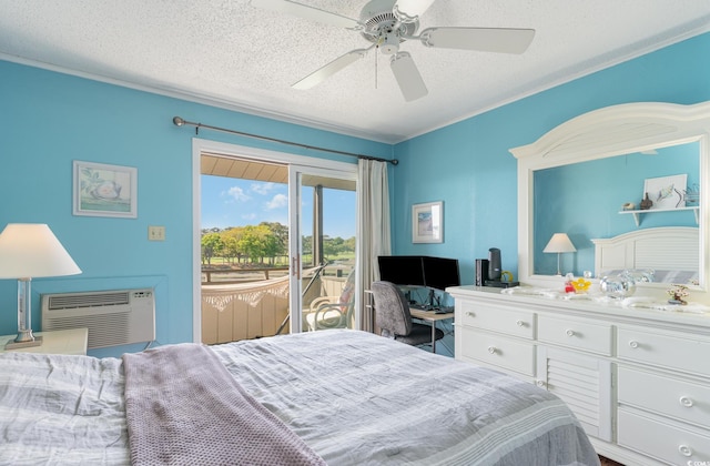 bedroom with a textured ceiling, crown molding, ceiling fan, a wall unit AC, and access to outside