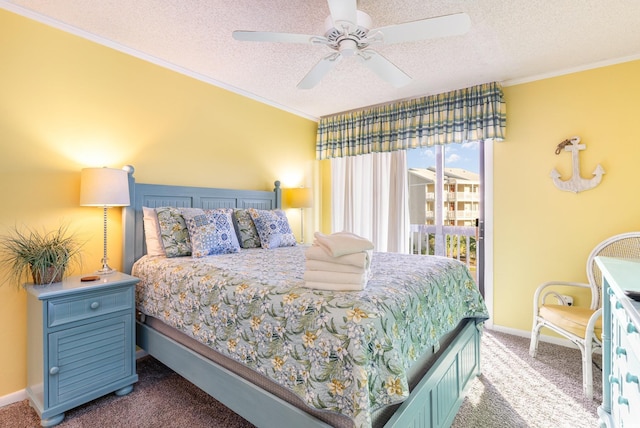 carpeted bedroom with ceiling fan, a textured ceiling, and crown molding