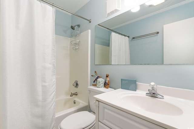 full bathroom with shower / bath combination with curtain, vanity, and toilet