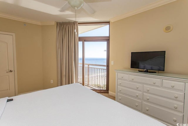 carpeted bedroom with access to exterior, ceiling fan, and crown molding