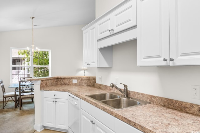 kitchen with sink, hanging light fixtures, white cabinets, light colored carpet, and dishwasher