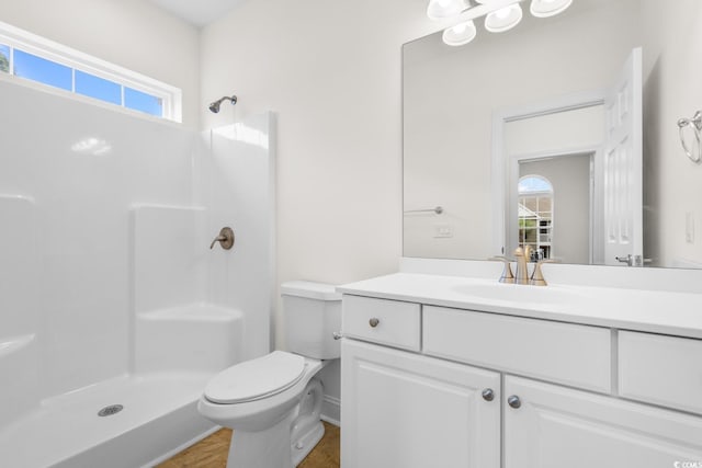 bathroom featuring a shower, vanity, and toilet