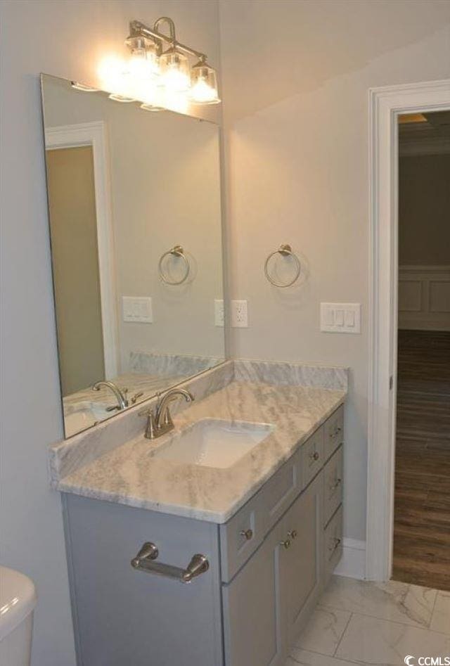 bathroom with hardwood / wood-style floors, vanity, and toilet