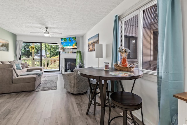 living room with ceiling fan, wood-type flooring, and a textured ceiling