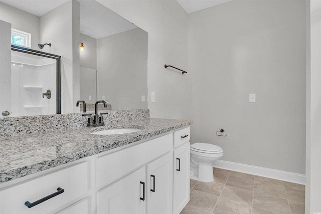 bathroom with tile patterned flooring, vanity, toilet, and a shower with door