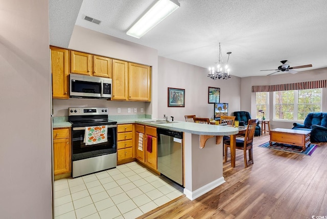 kitchen with a peninsula, a sink, visible vents, open floor plan, and appliances with stainless steel finishes