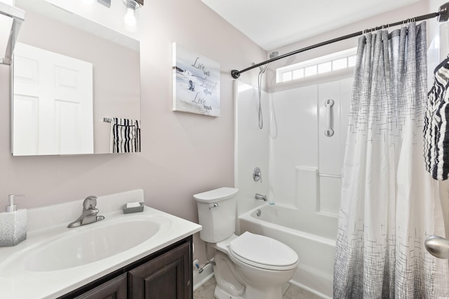 full bathroom with toilet, shower / bathtub combination with curtain, and vanity