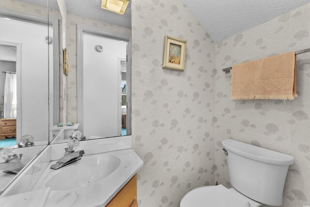 bathroom with toilet, vanity, a textured ceiling, and vaulted ceiling