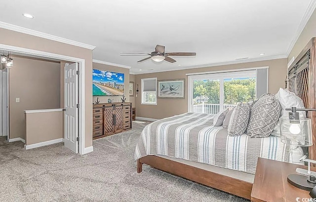 carpeted bedroom with ceiling fan and crown molding