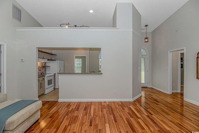 living room featuring a high ceiling and light hardwood / wood-style floors